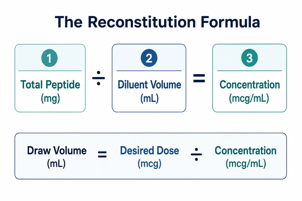 Diagram showing the peptide reconstitution formula: total Peptide Calculator divided by diluent volume equals concentration, and desired dose divided by concentration equals draw volume