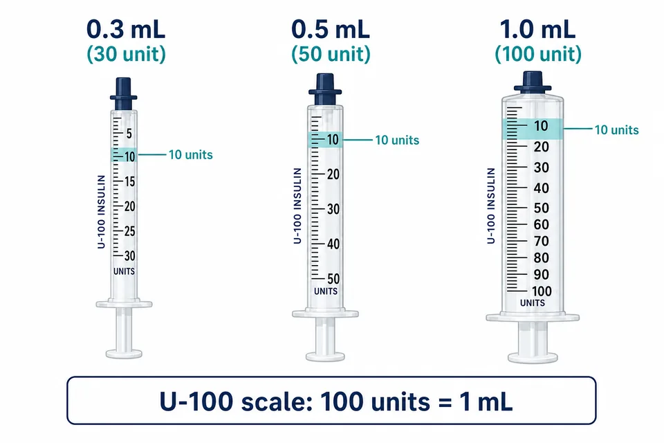 Comparison of 0.3 mL, 0.5 mL, and 1.0 mL insulin syringe barrels showing the same U-100 unit scale where 100 units equals 1 mL